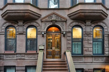 Fototapeta premium Front of old New York City brownstone townhouse with oriel windows