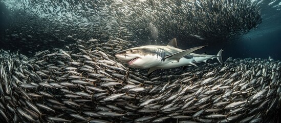 Great white shark hunting in a massive school of fish.