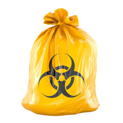 Yellow full garbage bag with bio hazard sign, 3D rendering isolated on transparent background
