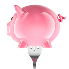 Fork with Piggy Bank, 3D rendering isolated on transparent background