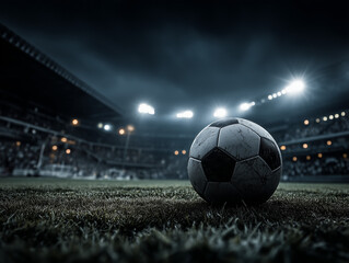 Obraz premium Soccer ball sits on the field at night