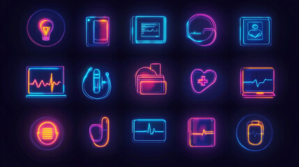 Neon medical icons health care symbols technology futuristic glowing bright ui design elements set vector icons