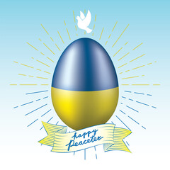Happy Peaceter Concept as Peace Merged with Easter Logo on Ribbon and Egg and Dove Symbols - National Colors of Ukraine on Blue Background with Sunburst - Mixed Graphic Design