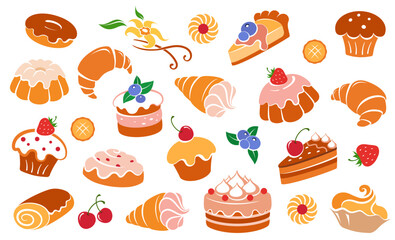 Bakery background. Sweet bakery, pastries, cakes and desserts. Fresh and natural pastries, muffins, donuts, bagels and croissants. Bakery, cafe and shop banner background template. Seamless pattern