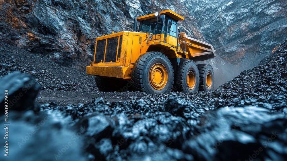 Poster heavy machinery operates in a quarry, efficiently moving extracted minerals across uneven ground. du