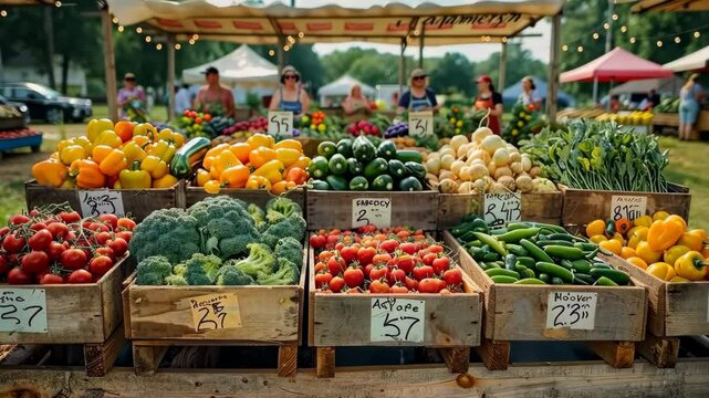 Farmers showcasing produce at local fair for National Harvest Day, August 24th, fresh vegetables, community event, rural celebration