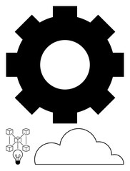 Large gear, cloud, blockchain cubes, and light bulb symbolizing innovation, cloud computing, and technological systems. Ideal for digital transformation, technology, creativity collaboration