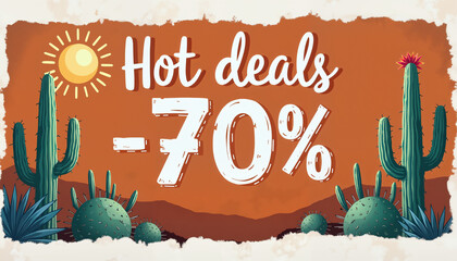 Hot deals -70% sale with sun and cactus background  