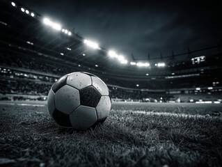 Obraz premium Soccer ball sits on the field at night