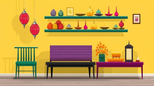 A vibrant Diwali home decor with traditional lamps, gold and silver ornaments, and colorful tableaus on shelves