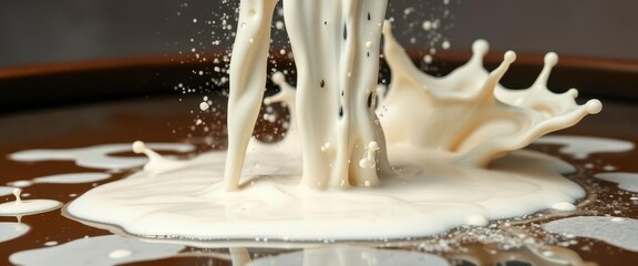 Obraz premium Chocolate and milk cascading from a fountain, creating a splash, dark chocolate, molten, cacao