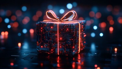 Futuristic gift box, glowing with vibrant neon lights,  wrapped in glowing ribbon.  Complex circuitry design