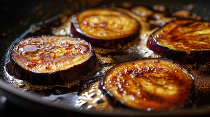 Eggplant being pan-fried in soy glaze, caramelizing