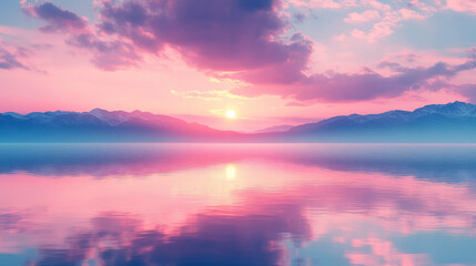 A serene pink sunset over the mountains and ocean in Norway’s Vesteralen Islands, capturing the tranquil beauty of the midnight sun from an aerial view with a simple, bright, and blurred backdrop.

