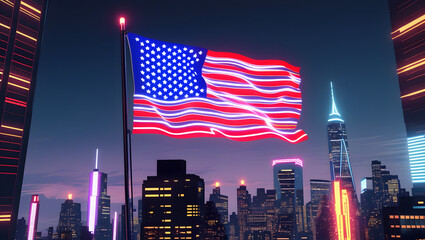 Glowing American flag waving over a futuristic cityscape at night