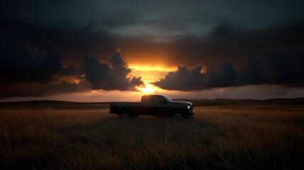 Fototapeta premium Pickup truck at sunset, golden hour