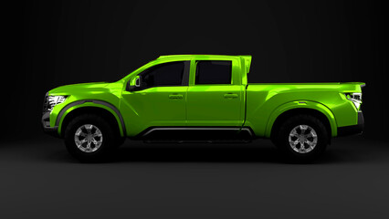 Green pickup car on grey background side view
