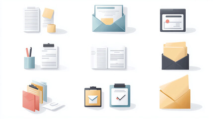 Office documents and stationery vector icons for business and organization tasks and projects design