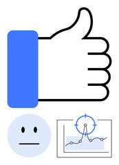 Thumbs-up hand icon with neutral face and data chart representing feedback, performance metrics, and sentiment analysis. Ideal for communication, analytics, surveys, reactions, business insights