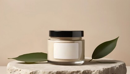 Glass Cosmetic Jar Mockup with Blank Label and Green Leaf