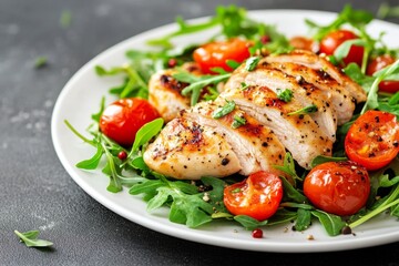 Grilled chicken breast salad with cherry tomatoes and arugula