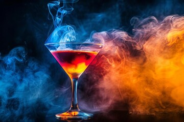 A colorful cocktail in an elegant martini glass, with smoke swirling around it against a dark