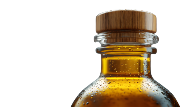 CloseUp of a Refreshing Beverage Bottle with Condensation Drops on a Black Background