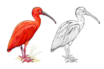 Illustration of a scarlet ibis. Colorful and black and white page for coloring book. Drawing for encyclopedia. Animals for kids. Hand drawn flat vector. Printable worksheet for children.