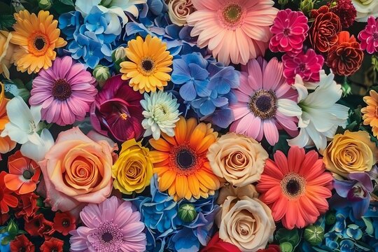 A vibrant bouquet of flowers, including roses, daisies, and gerberas in various colors. The