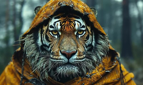 Serious sifu tiger standing calmly in deep forest with intense wise expression
