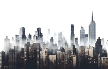 City skyline with skyscrapers partially obscured by fog or mist against a white background.
