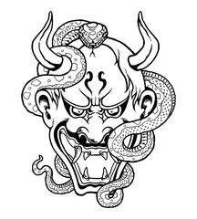 Oni Mask with Snake: A striking illustration features an Oni mask, a symbol of Japanese folklore, intertwined with a serpent.