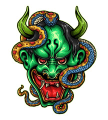 The Oni Mask: A striking illustration of an Oni mask, adorned with a coiled serpent and menacing expression, this artwork is a symbol of strength and protection.