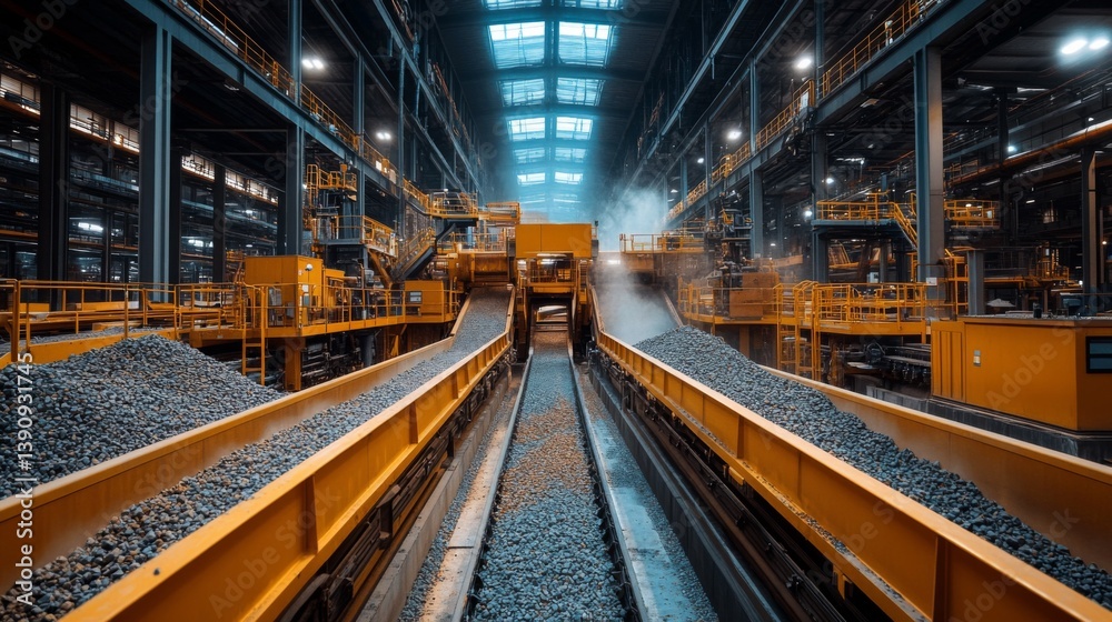 Poster conveyor systems carry mined minerals through a modern processing plant, as workers oversee operatio