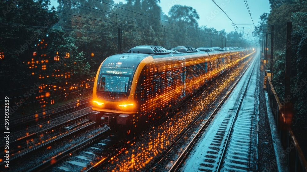 Aufkleber A smarttrain travels along a railway track in a rain soaked environment, emphasizing advancements in automation and mobility. The twilight setting enhances the futuristic atmosphere of the scene.