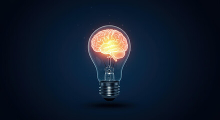 A light bulb features a bright, illuminated brain design inside, representing ideas and creative thinking. The dark background enhances the glowing elements, suggesting inspiration