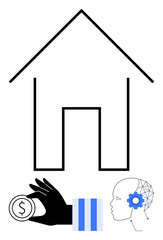 Minimalist house outline connected to a hand holding a dollar coin, head with cog and network lines. Ideal for property investment, finance, innovation, AI, technology, future simplicity. Flat