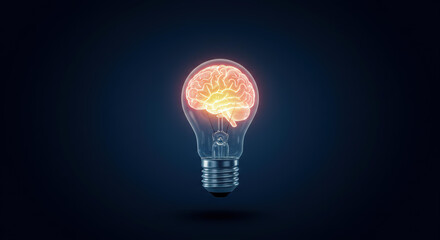 Glowing light bulb with brain inside, human intellect, innovative thinking. Abstract concept on dark blue background. Idea of intelligence, brainstorm, creative inspiration, knowledge, bright