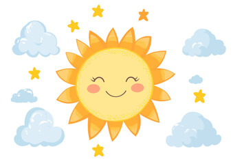 Fototapeta premium A vibrant sun emerges from behind a puffy cloud in a contemporary flat illustration, exuding warmth and joy in a lively modern art design