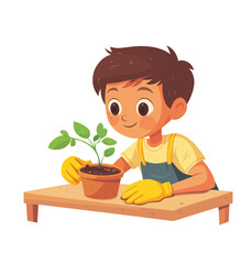 A young boy with a cheerful demeanor is planting a small green seedling into a brown pot, all while wearing a pair of yellow gardening gloves, as depicted in a flat modern art style