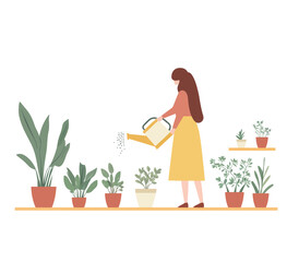 A person is depicted watering plants in a modern illustration characterized by minimal flat design