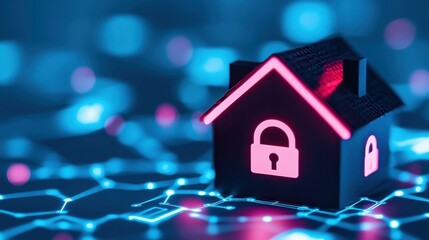 A sleek home office, featuring multiple devices, secured by digital locks, emphasizing the importance of cybersecurity.
