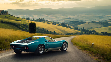Fototapeta premium Classic car on scenic route: A turquoise sports car gracefully winds through the picturesque Tuscan countryside, showcasing its timeless design against the backdrop of rolling hills.