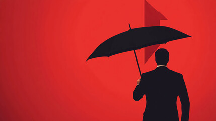 Business protection concept with man holding umbrella against red background and arrow up trend symbol