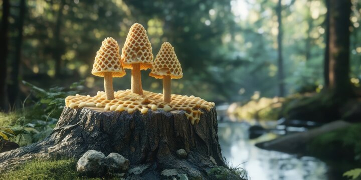 Strange forest wonder featuring waffle cones sprouting from an ancient tree stump