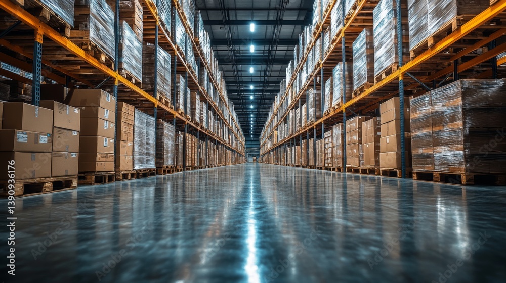 Poster Rows of neatly stacked boxes fill a spacious warehouse, showcasing advanced logistics with organized shelving and polished flooring designed for efficient transportation and storage operations.