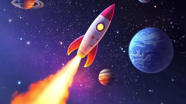 Colorful rocket launching into space surrounded by planets and stars in a vibrant cosmic scene (1)