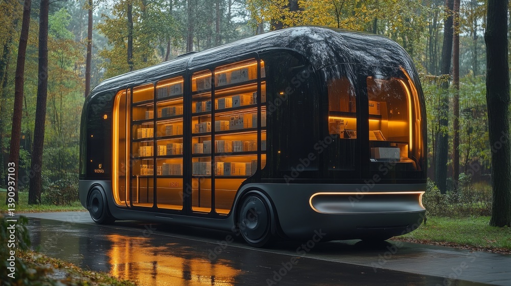 Poster an autonomous delivery vehicle is parked on a wet road surrounded by trees.