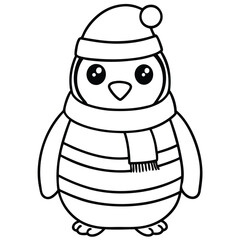 Cartoon Christmas character, Santa Claus, and a cute, funny cartoon penguin illustration coloring page