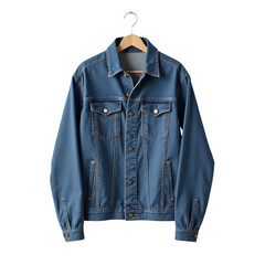 Denim jacket hanging on a wooden hanger
